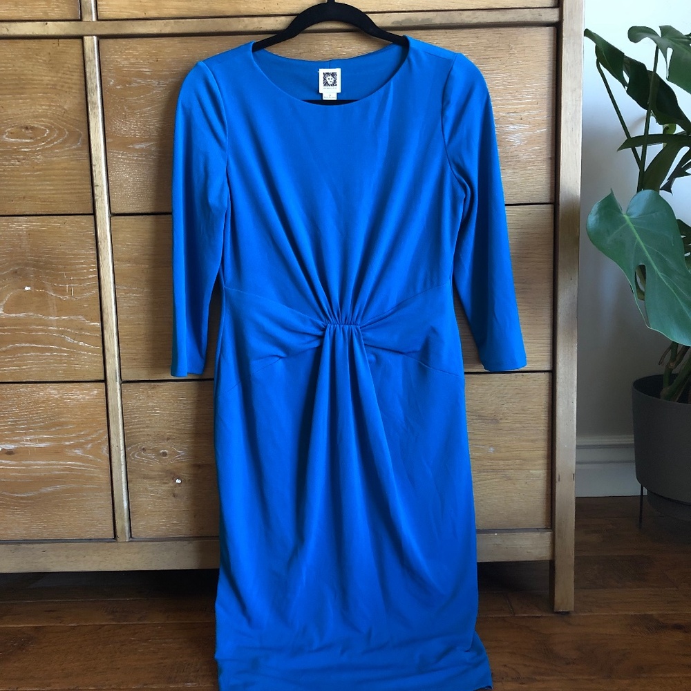 Anne Klein Women's Blue Lined 3/4 Sleeve Ruched Pull Over Sheath Dress Size 6